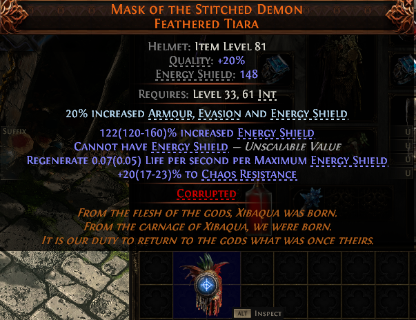 MMOJUGG Path of Exile 2 MASK OF THE STITCHED DEMON FEATHERED TIARA#934834 Details View of Item Function and Use